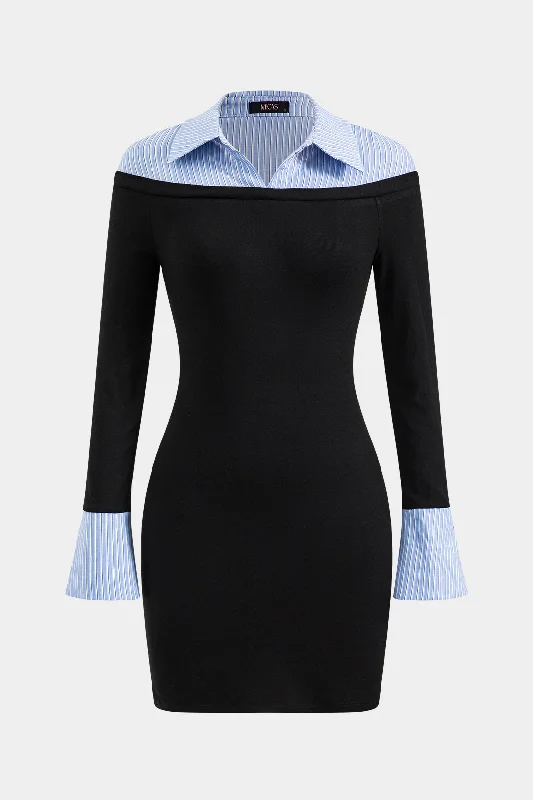 Mini dresses with cold - shoulder designs Stripes Print Patchwork Long Sleeve Mini Dress