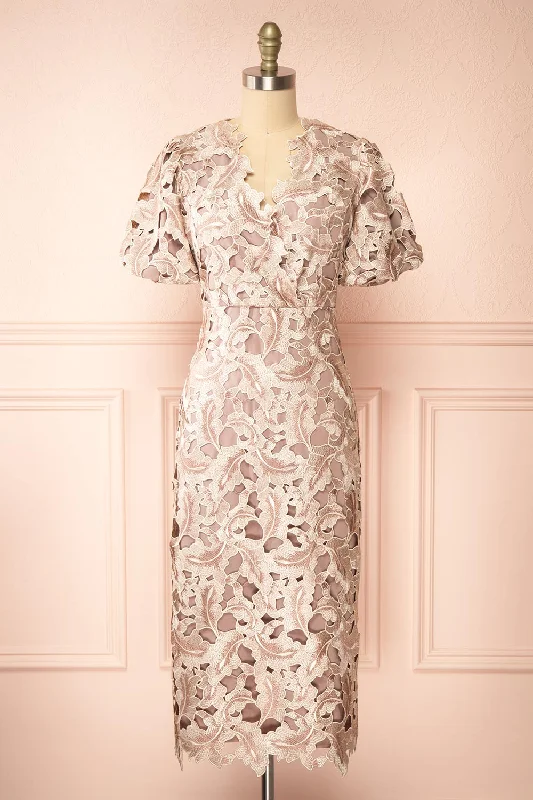 Midi dresses with V - necklines for a flattering and elongating effect Rolande | Midi Taupe Openwork Lace Dress