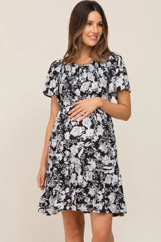 Maternity dress for a baby's first haircut Black Floral Smocked Gathered Tier Maternity Dress