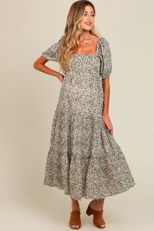 Maternity dress for a tea party Cream Floral Leopard Print Maternity Midi Dress
