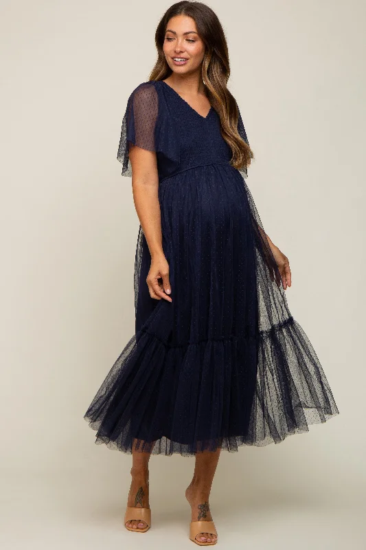 Maternity dress for a friend's wedding as a guest Navy Blue Dotted Tulle Smocked Maternity Midi Dress