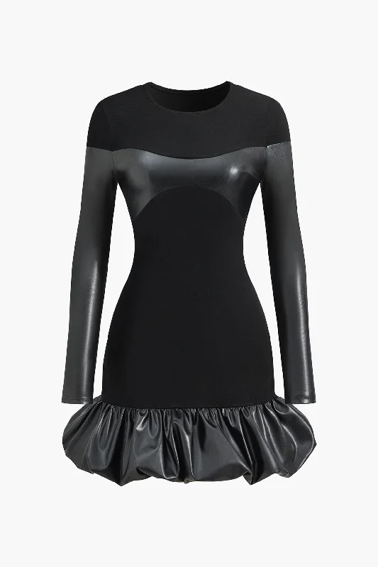 Mini dresses with halter necks for a stylish choice Faux Leather Round Neck Patchwork Mini Dress