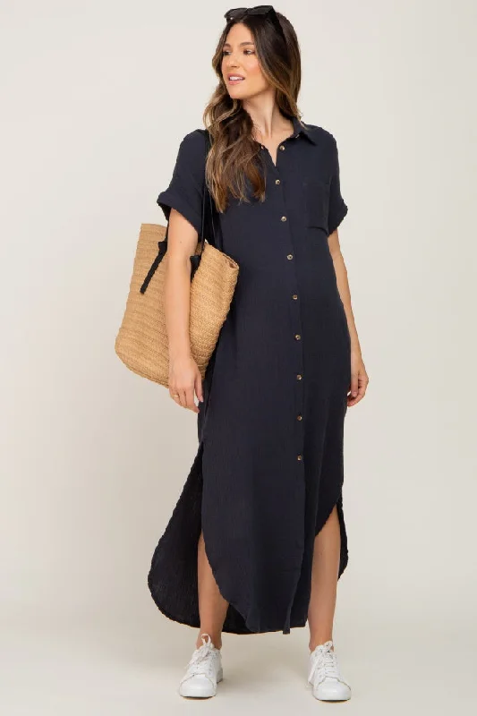 Maternity dress for a baby's first visit to the opera Charcoal Button Down Maternity Midi Dress