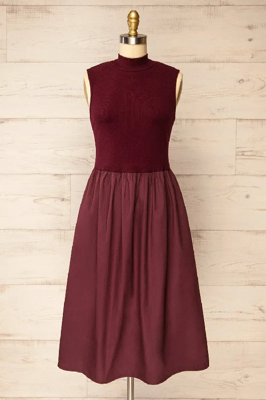 Midi dresses with ruched sleeves for a more fitted and stylish arm look Frell Burgundy | Midi Dress w/ Mock Neck