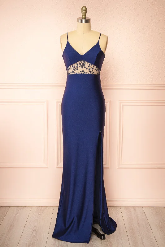 Midi dresses with button - down skirts for a unique and functional design Angelika | Navy Maxi Dress w/ Embroidered Mesh