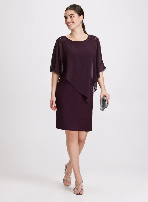 Midi dresses with bow accents for a sweet and charming look Beaded Cape Overlay Dress