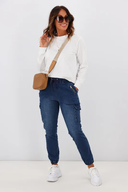 Plus Size Women's Stretch Cotton Tight Trousers in Navy for Comfortable Everyday WearWakee Denim Billie Cargo Jean Blue