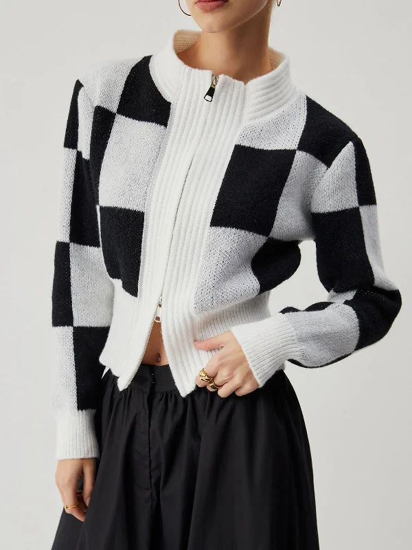 color block women cardigan with bold huesKnit Colorblock Graceful Checkered Zippered Cardigan