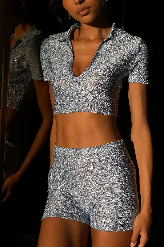 hand knitted women cardigan with artisanal charmHuntley Sequin Knit Shorts - Cornflower Blue