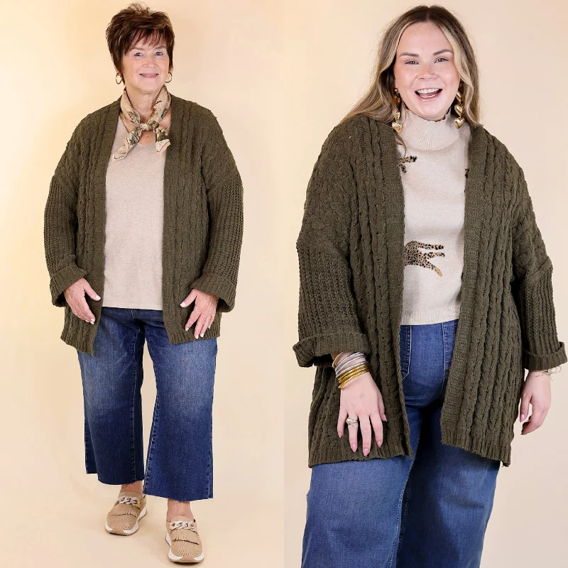 plus size women cardigan for comfortable layeringOn My Level Chenille Cable Knit Open Front Cardigan in Olive Green
