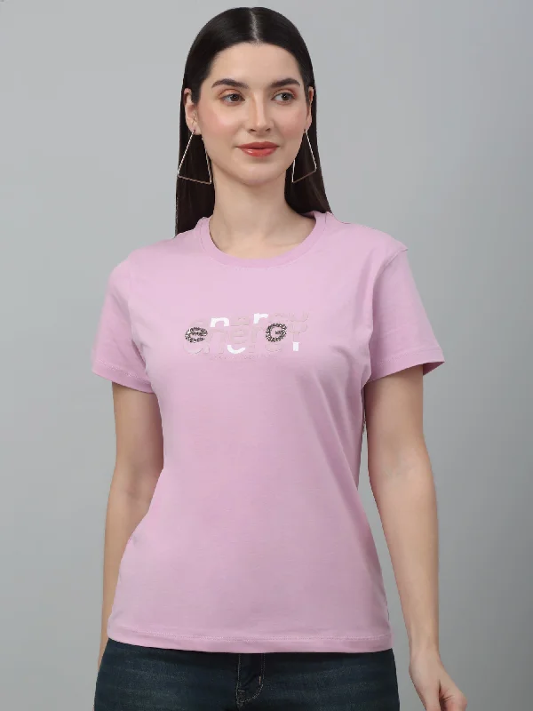 Sequined Women T Shirt for a Sparkly Night OutWomen's Casual Regular Short Sleeve Lilac Round neck Bead work & Print T-Shirt