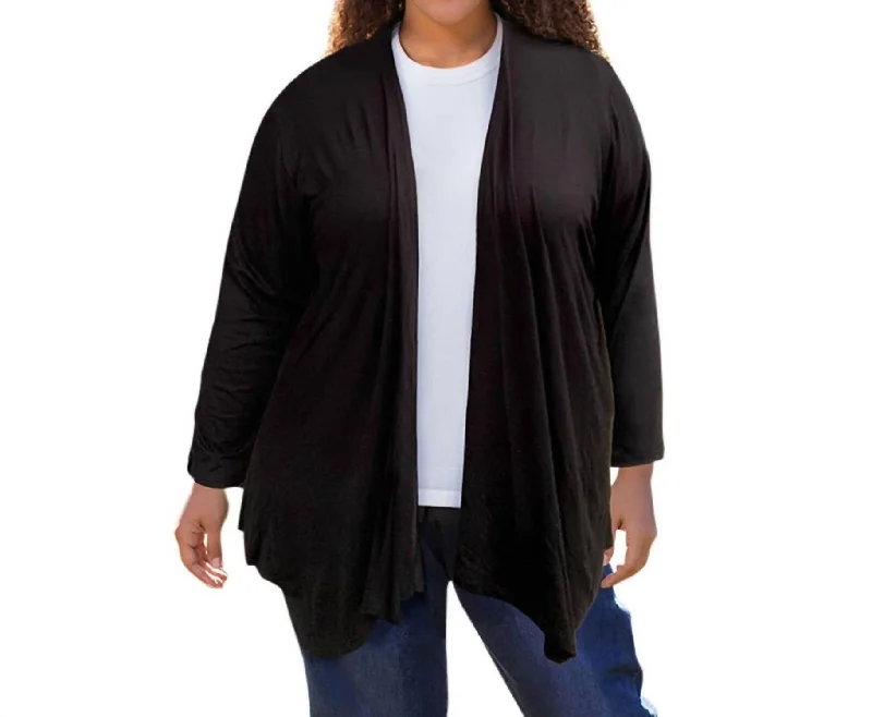 button down women cardigan with vintage buttonsLong Sleeve Draped Cardigan - Plus In Black