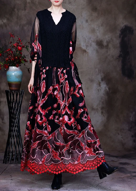Women's Long Sleeve Turtleneck Cashmere SweatersRed lace Knit Dresses Embroideried Spring