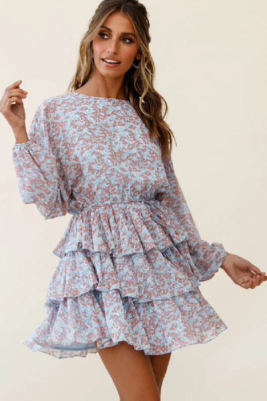 Mermaid - Style Women Dress with a Fitted Silhouette for Special OccasionsOdessa Long Sleeve Layered Ruffle Dress Floral Print Blue