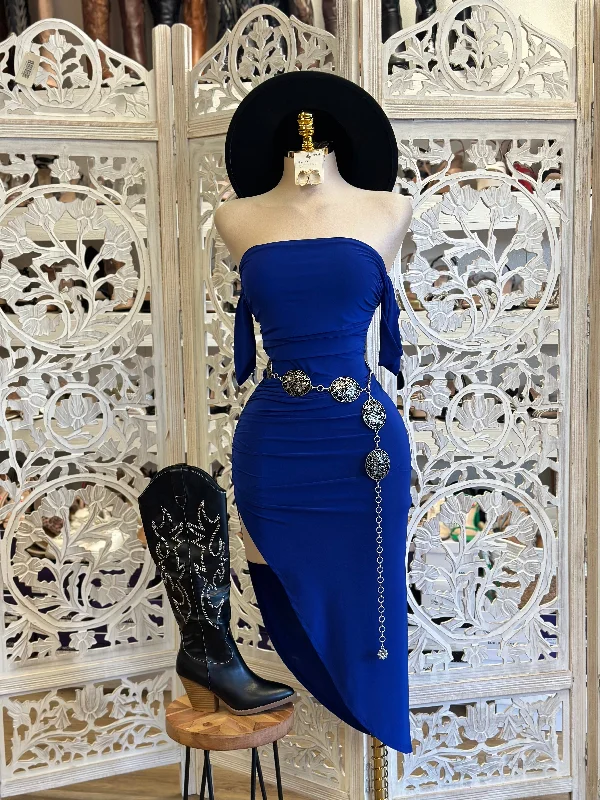 Little Black Women Dress with Sequins for a Glamorous Night OutRoyal Blue Off Shoulder Midi Slit Dress - Estira, Stretchy
