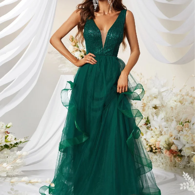 Mini Women Dress with a Short Hem for a Young and Trendy Style Mini Women Dress with a Short Hem for a Young and Trendy Style NiDELL Hot Sale Dress Dress Sequined Sleeveless V-neck Stitching Mesh Temperament Prom Evening Long Dress-Sst2060