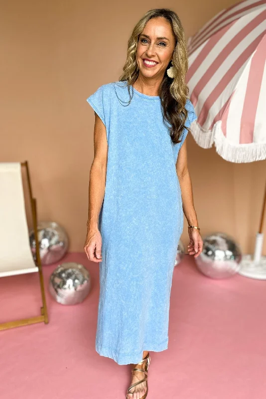 Midi dresses with gathered skirts for a full and flowing silhouetteSky Blue Mineral Wash Muscle Sleeve Midi Dress
