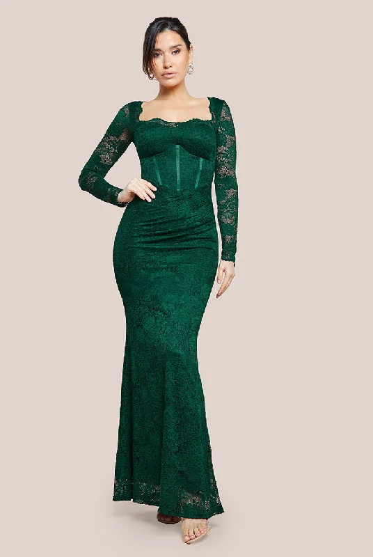 Maxi dresses with one - shoulder designs for a stylish and asymmetric lookGoddiva Scalloped Lace Corset Bodice Maxi Dress - Emerald Green