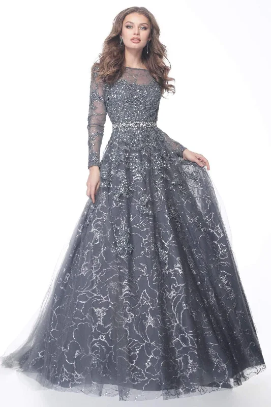 Velvet - trimmed wedding guest dresses in burgundy for a formal eventJovani - 51838 Embroidered Long Sleeve Bateau Ballgown