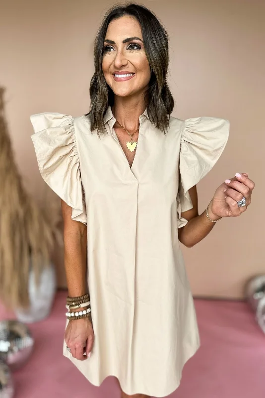 Mini dresses with puff sleeves for a vintage lookSSYS Taupe Ruffle Shoulder Poplin Dress