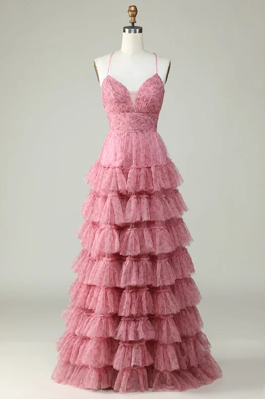 Mini cocktail dresses with a ruffled hem and a solid colorA Line Spaghetti Straps Layered Pink Tulle Prom Dress with Floral Printed