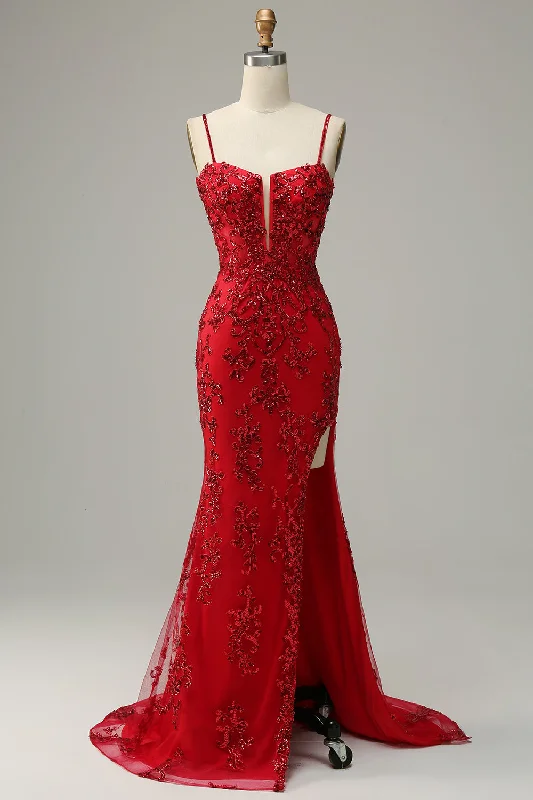 Satin - lined cocktail dresses with a lace outer layerMermaid Spaghetti Straps Red Sequins Long Prom Dress with Split Front