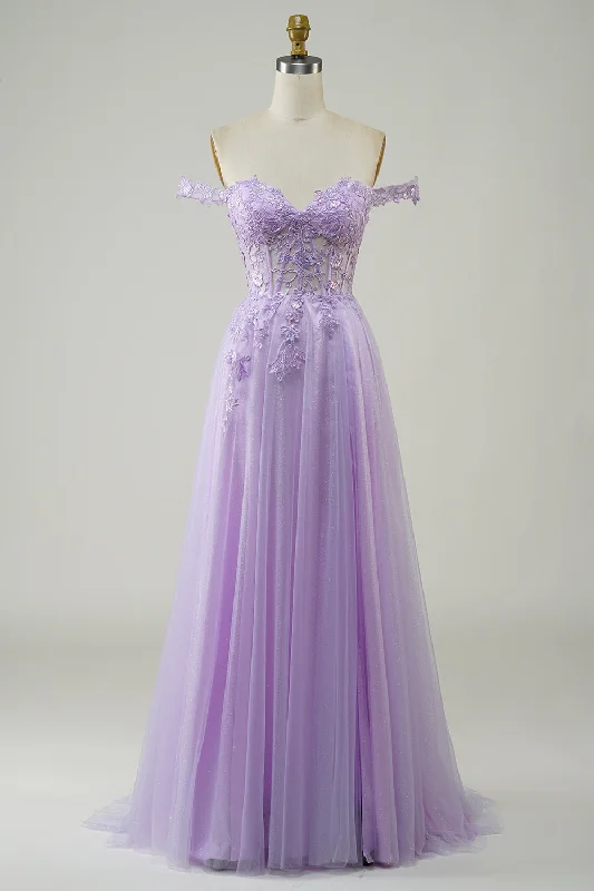 Mini cocktail dresses with a denim fabric for a casual - chic lookPurple Corset A-Line Long Tulle Prom Dress with Lace
