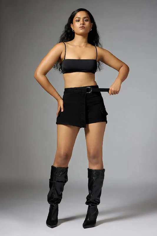 Cargo Women Shorts with Multiple Pockets for FunctionalityEbony Black D-Ring Skort