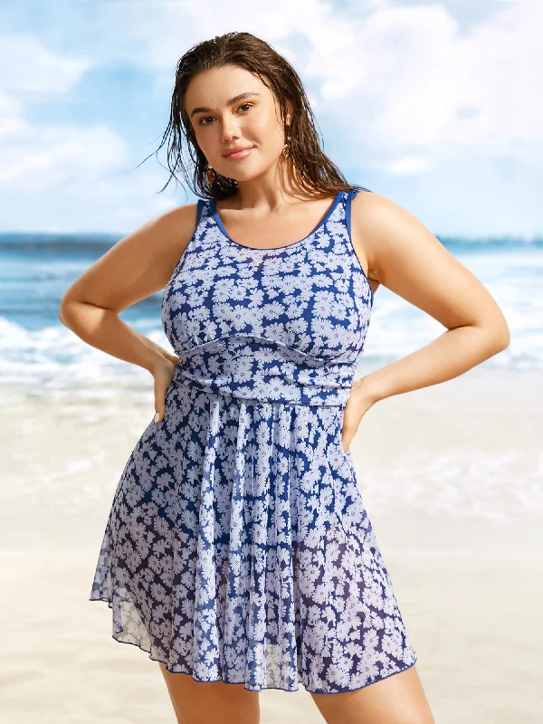 Swim sets with mesh panels for a sexy and breathable designFloral U Neck See Through Patchwork Swim Dress
